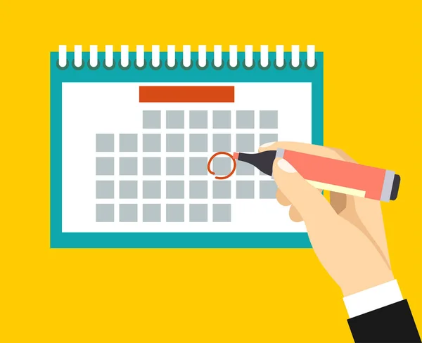 Mano Con Calendario Marca Pluma Importante Concepto Evento Diseño Plano — Vector de stock