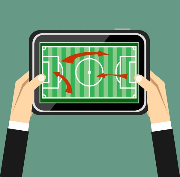 Tableta Móvil Con Campo Fútbol Pantalla Tema Aplicaciones Deportivas Ilustración — Vector de stock