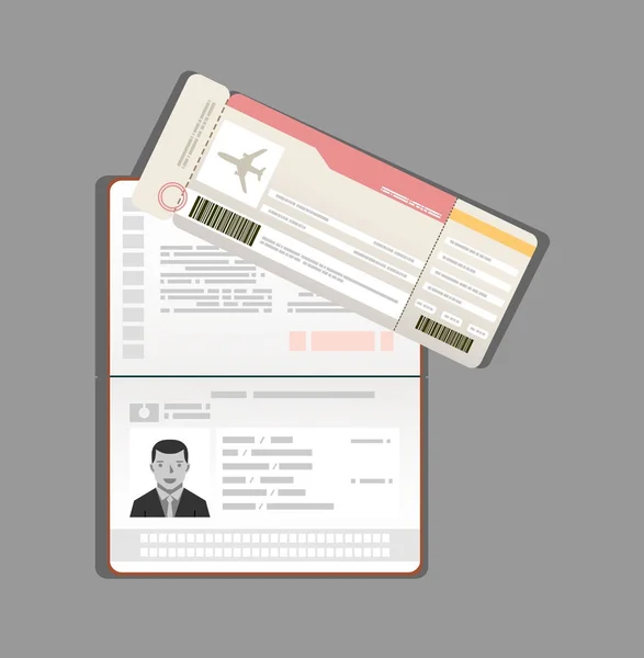 Pasaporte Tarjeta Embarque Billete Avión Concepto Viaje Diseño Plano Moderno — Vector de stock