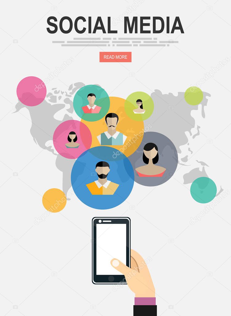 Social media network. Growth background with lines, circles and integrate flat icons. Connected symbols for digital, interactive, market, connect, communicate, global concepts. Vector illustration