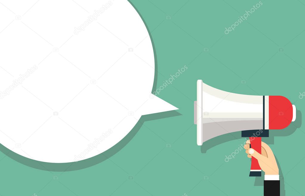 Hand holding megaphone with speech bubble 