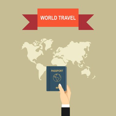Vektör çizim. Düz arka plan el ve pasaport ile. Seyahat. Yaz tatili.