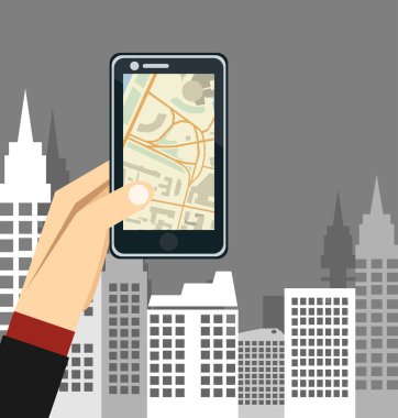 El üstünde belgili tanımlık perde smartphone cep telefonu gps navigasyon ile tutarak. Düz tasarlamak vektör