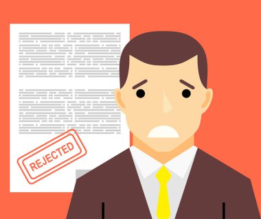 Üzgün adam ve reddedilen uygulama formu düz illüstrasyon kavramı.