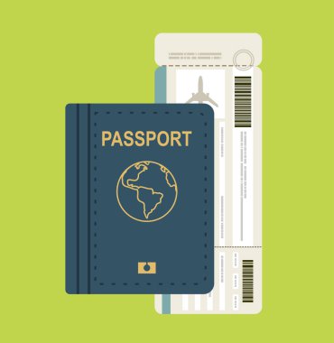 resimde pasaport ve bilet. Hava seyahat kavramı. Düz tasarım