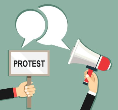 El demonstrant, çizgi film ve el ile megafon, protesto kavramı, devrim, çatışma, düz tasarım çizimde