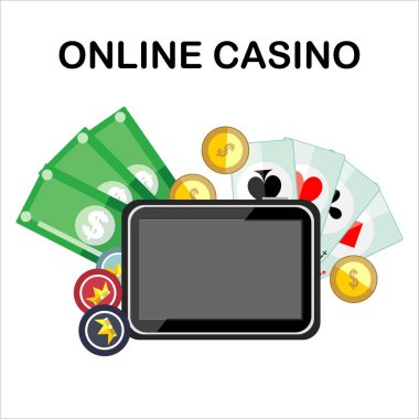 Tablet, altın sikke, kartları ve cips Casino arka plan.