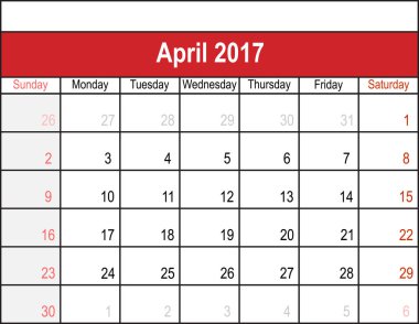 Nisan 2017 yıl için takvim. Vektör tasarım yazdırma şablonu. Hafta başlar Pazar.