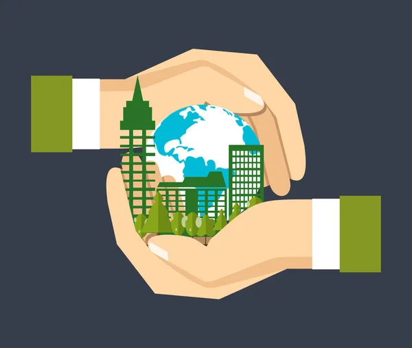 Go green city logo. Ecology concept. Hands hold the city. Vector illustration.