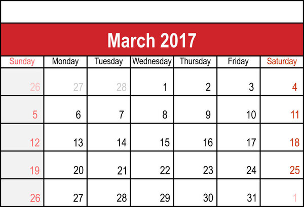 Calendar for March 2017 Year. Vector Design Print Template. Week Starts Sunday.