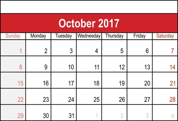 Calendar October 2017 Year Vector Design Print Template Week Starts — Stock Vector
