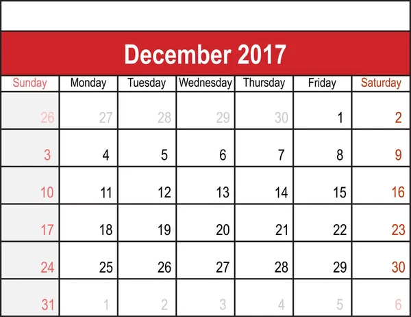 Calendario Diciembre 2017 Año Plantilla Impresión Diseño Vector Semana Comienza — Vector de stock