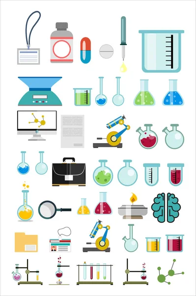 Conjunto Gráfico Ciencia Química Laboratorio Objetos Químicos Vector Plano — Archivo Imágenes Vectoriales