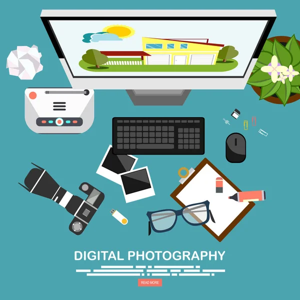 テーブルの上の写真のカメラで写真撮影装置 フラット スタイルのベクトル図 — ストックベクタ