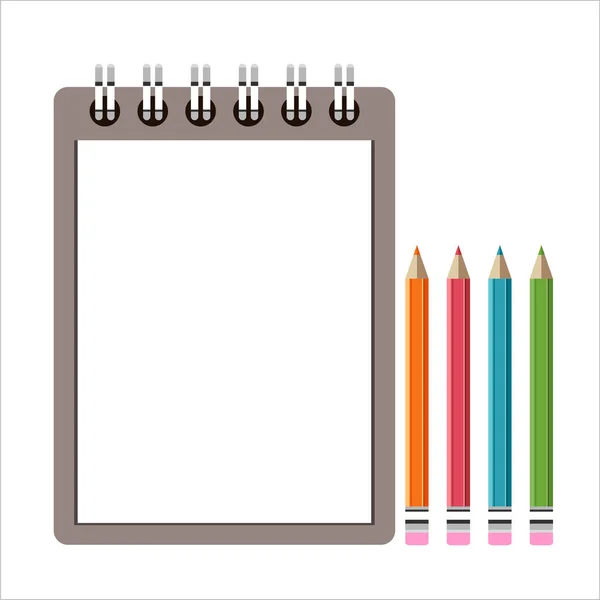 Cuaderno Vacío Con Lápices Colores Diseño Elegante Plano Vector Plano — Archivo Imágenes Vectoriales