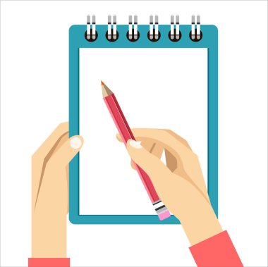Vektör düz modern yuvarlak defter ve kalem tutan eller üstünde kutsal kişilerin resmi
