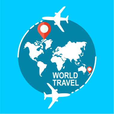 Uçak, uçak yolculuğu çeşitli ülkede seyahat dünya çapında küresel bir harita üzerinde konumu seyahat. Düz simgesi modern tasarım stil vektör illüstrasyon kavramı.