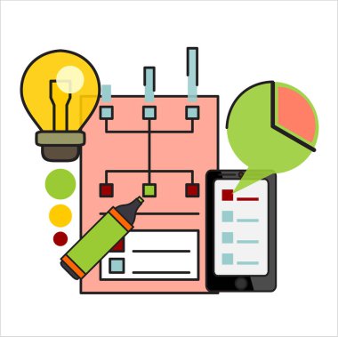 Analiz kavramı, düz tasarım. İşlem araştırma finansal büyüme, istatistik, veri analizi, belge, Pazar, stratejik, rapor. Gelişim planı. Vektör