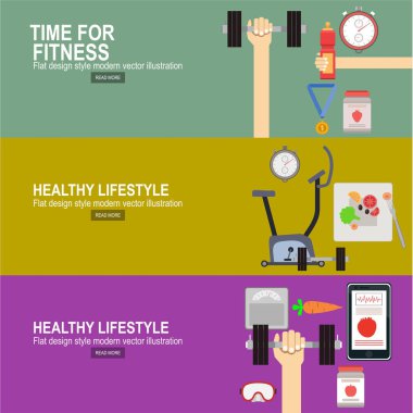 sağlıklı yaşam tarzı, fitness ve fiziksel aktivite düz vektör simgeler. Fitness kavramı düz izole vektör çizim ve modern tasarım öğesi