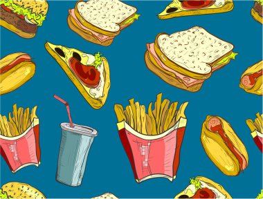 Elle çizilmiş lokanta desen. Abur cubur ve soda içecek arka plan. Hamburger, pizza, sosis, patates kızartması ve illüstrasyonlar ayrıntılı. Restoran Menü veya afiş için harika. Sorunsuz duvar kağıdı