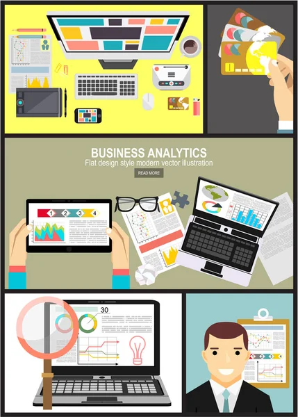 Flachbild Illustrationskonzepte Für Unternehmensanalyse Und Planung Beratung Teamarbeit Projektmanagement Finanzbericht — Stockvektor