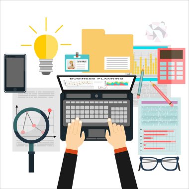 Finansal hesaplamalar. Çalışma süreci. Düz tasarım modern illüstrasyon kavramı proje yönetimi. Web afiş, baskılı ve promosyon malzemeleri için