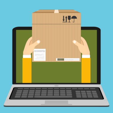 paket kutu laptop perde, hızlı online Teslimat Servisi, vektör, illüstrasyon kavramı holding eller 