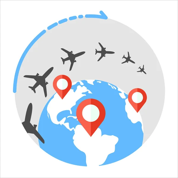 비행기 비행기 국가에 전세계 글로벌 지도에 위치를 아이콘 현대적인 디자인 — 스톡 벡터