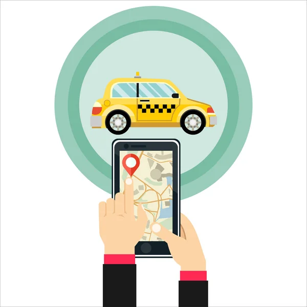 Рука Держит Мобильный Смартфон Приложением Поиска Такси Современный Плоский Креативный — стоковый вектор