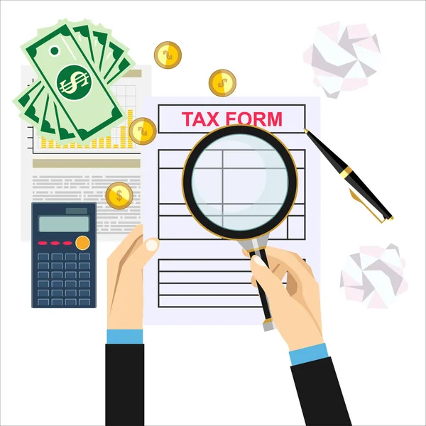 Daňové Výpočty Kalkulace Rozpočtu Účetnictví Koncept Papírování Pohled Shora — Stockový vektor