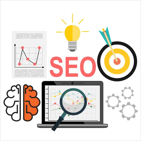 Plochý Obrázek Web Analytics Design Seo Optimalizace — Stockový vektor