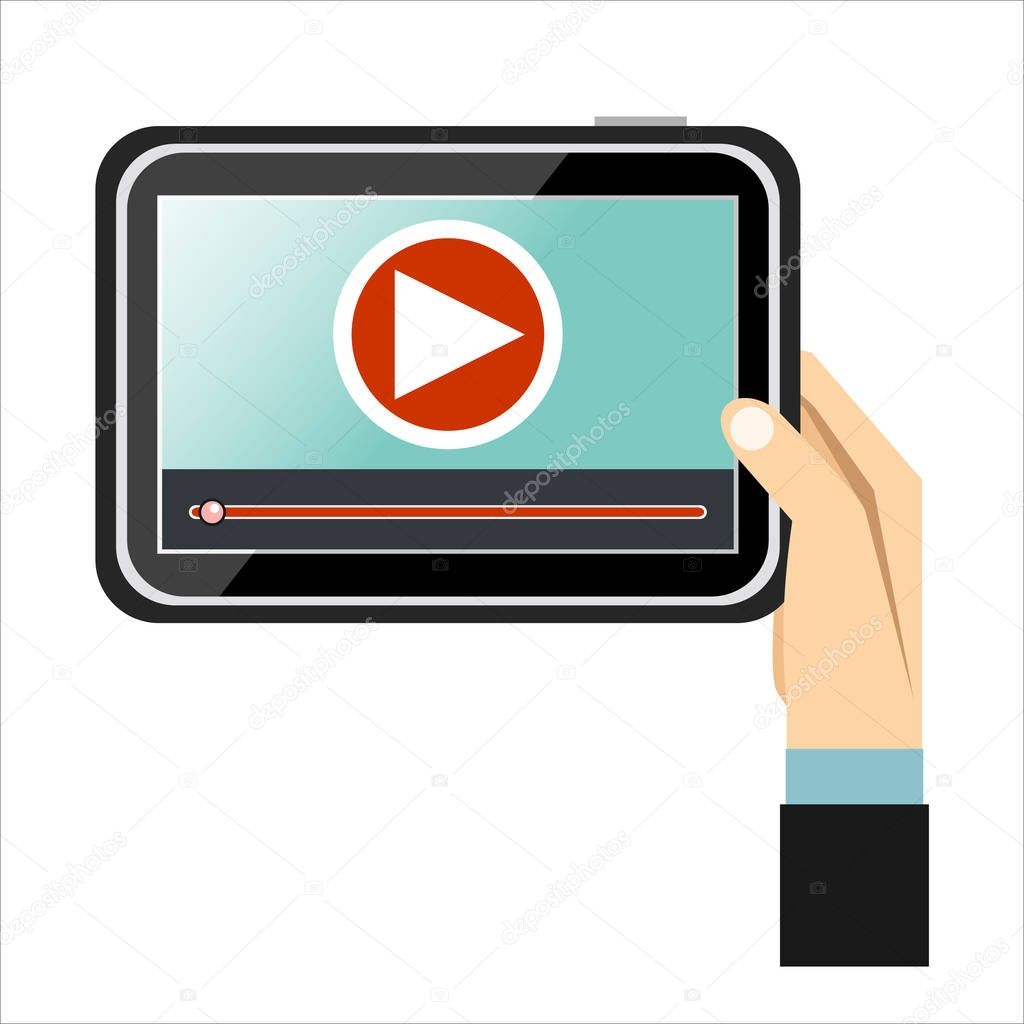 Hand holding tablet with video frame and play button. Video marketing, online cinema.