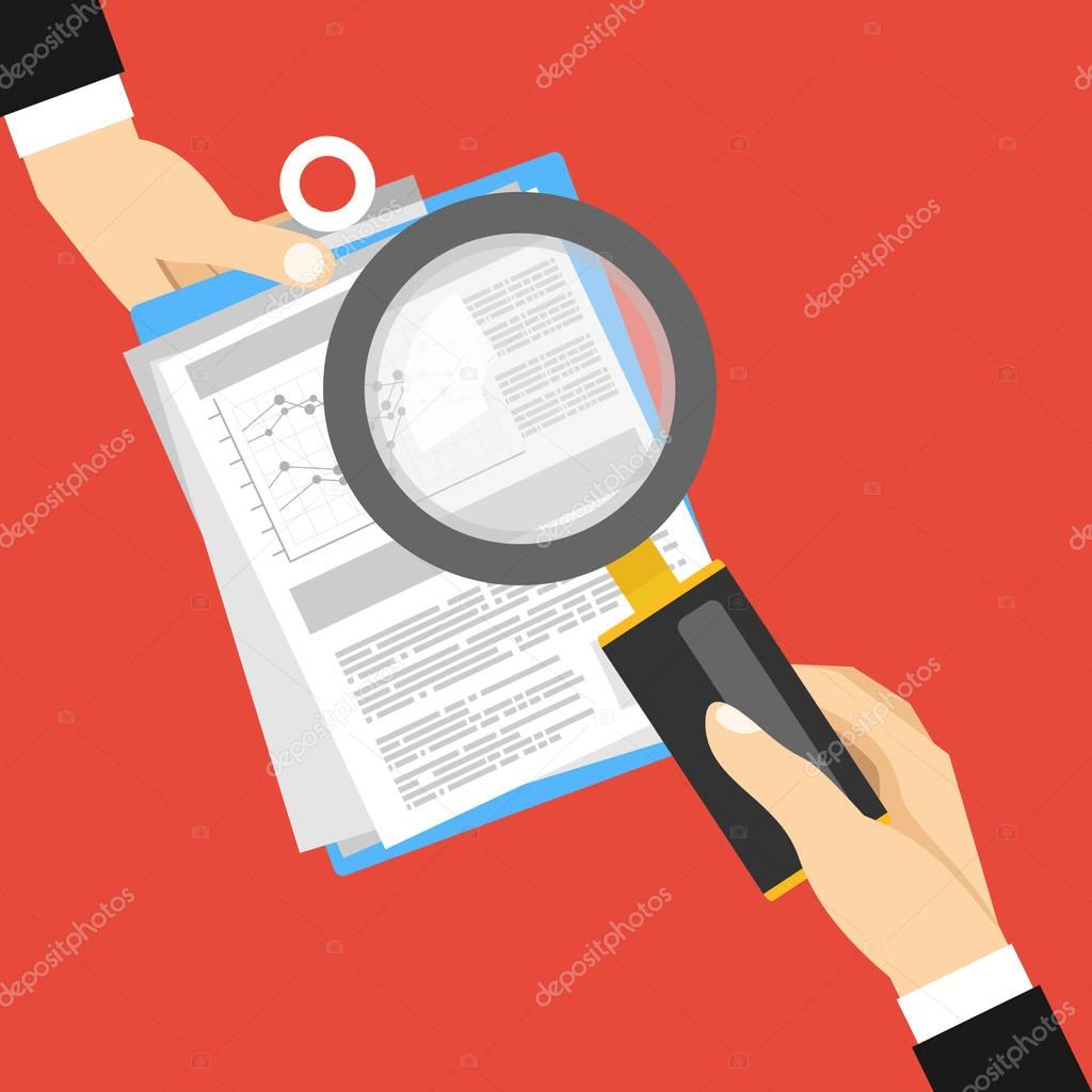 Hand holding clipboard and hand holding magnifying glass. Clipboard with Analysis,Flat design vector illustration