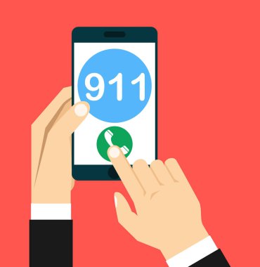 Arama 911, acil arama kavramı. Akıllı telefon, çağrı düğmesine dokunmak parmak tutan el. Modern düz tasarım vektör çizim