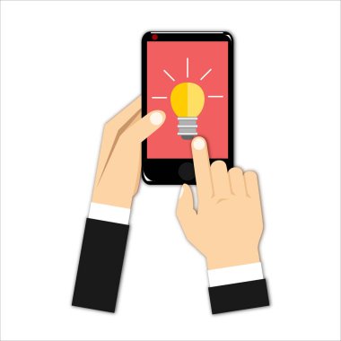 Ekranda ampul ile Smartphone tutan el. Düz stil tasarım