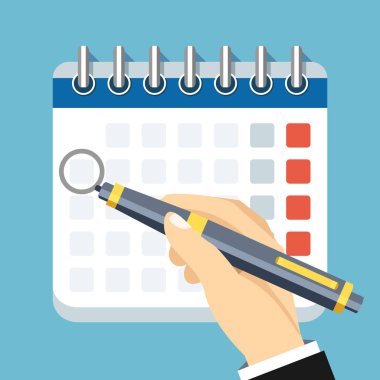 Kalem işareti takvim ile takvim duvar ve el. Düz vektör çizim.