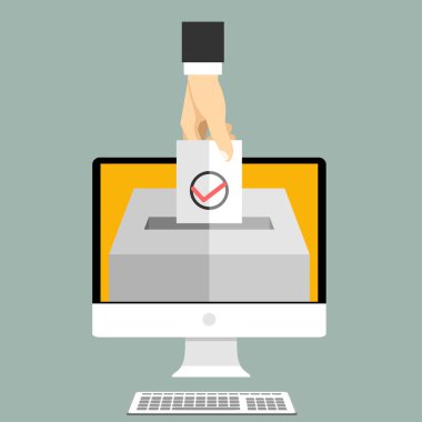 oylama kağıt oy kutusuna koymak bilgisayar ekranı, oylama online kavramı, vektör, illüstrasyon el 