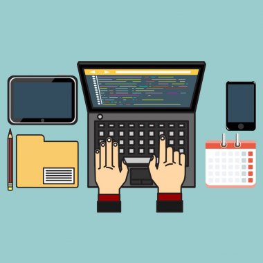 Dizüstü bilgisayar kullanarak yeni bir proje kodlama programcı. Düz vektör çizim.