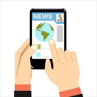 Haber app akıllı telefon ekranında. Online dijital medya. Smartphone, parmak dokunmatik ekran el tutar.