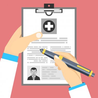 Doctor holding clipboard and takes notes on it.man avatar on clipboard. Medical report. Flat vector illustration. clipart