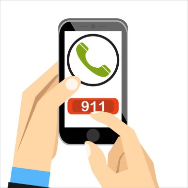 Acil durum numarası 911'i üstünde belgili tanımlık perde ile cep telefonu tutan el. Düz vektör çizim.