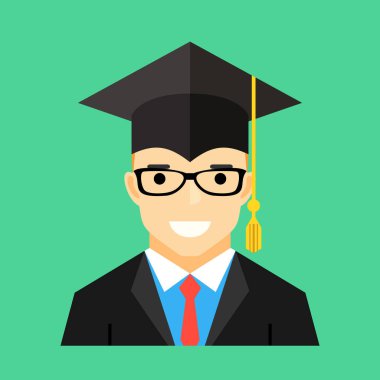 Lisansüstü Öğrenci kolej gülümseyerek. Kare akademik kap ile mutlu bir adam. Modern düz tasarım vektör çizim.