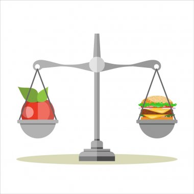 Elma ve hamburger ölçeklerde. Diyet. Sağlıklı gıda. Vektör düz çizim