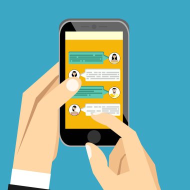 Smartphone ile sohbet ekranı, vektör, illüstrasyon holding eller 