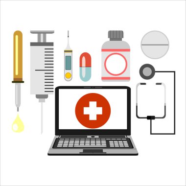 Teletıp ve telehealth teknoloji tıbbi işareti simgesi kavramı ile bilgisayar laptop. illüstrasyon