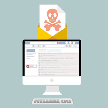 Bilgisayarda zarf ve kafatası var. Virüs, korsanlık, hackleme ve güvenlik kavramı. Düz vektör illüstrasyonu.