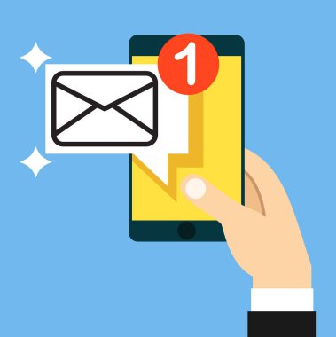 Smartphone ile yeni mesaj ekranda tutan el. Sohbet, cıvıldamak, anlık mesajlaşma, sms, mobil messenger kavramları