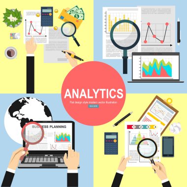 Modern düz tasarım ve iş analizi ve planlama, danışmanlık, takım çalışması, proje yönetimi, beyin fırtınası, araştırma ve geliştirme vektör. Kavramları web afiş ve basılı malzemeleri.