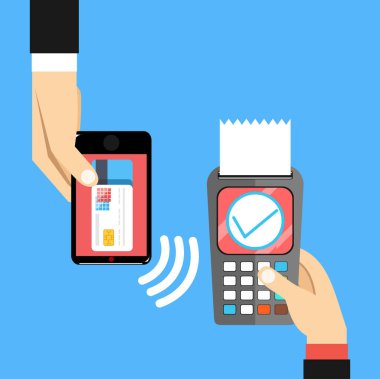 Ödeme onay işareti ve giriş, kredi kartı ile smartphone tutan el ile terminal tutan el. İşlem, doğru PIN girişi, başarılı ödeme onayladı. Düz tasarlamak vektör