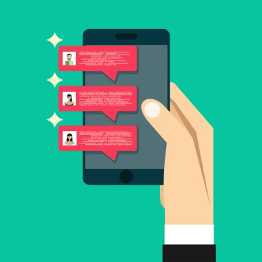 Cep Telefonu Sohbet iletisi bildirimlerini vektör illüstrasyon izole renk arka plan üzerinde smartphone ile el ve sohbet kabarcık konuşmalar